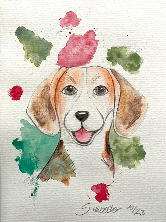 21x30cm Aquarell Porträt "Beagle im Farbrausch"